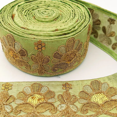 Green Art Silk Trim In Gold Floral Embroidery, Gold Embroidered Flowers Border, Floral Trim